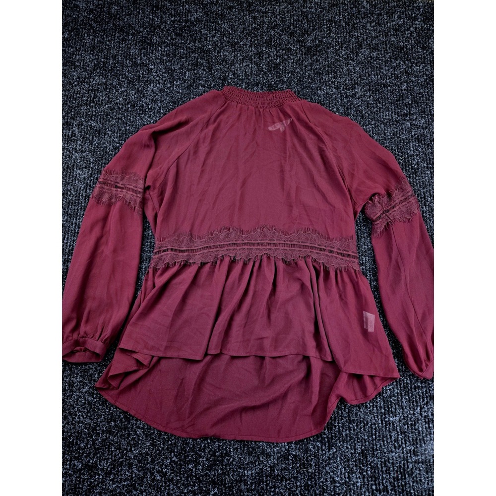 Jolt Womens Burgundy Smocked Neck Lace Trim High Low Peplum Blouseโ Large